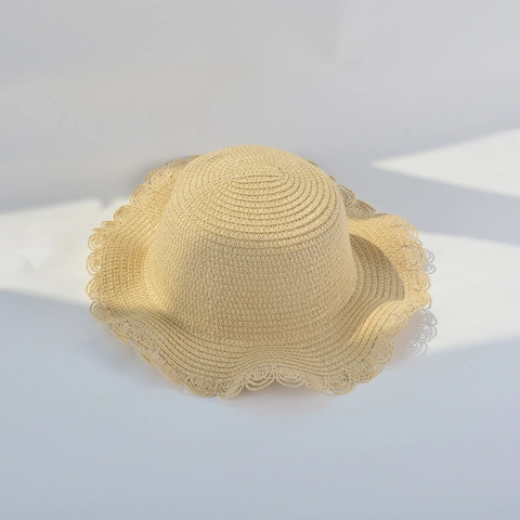 Chapeau de Paille en Papier Doux pour Filles Bord Festonné Chapeau de Soleil Tissé Respirant Chapeau de Plage pour Enfants Vacances
