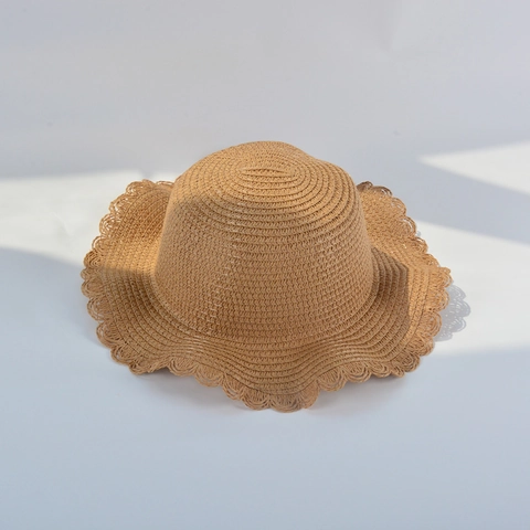 Chapeau de Paille en Papier Doux pour Filles Bord Festonné Chapeau de Soleil Tissé Respirant Chapeau de Plage pour Enfants Vacances