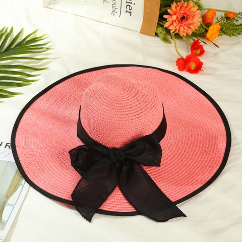 Women Wide Brim Straw Hat Elegant Bowknot Summer Sun Beach Hat Foldable Paper Straw Vacation Fedora Cap UV Protection