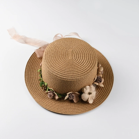 Cappello di Paglia Paglietta Elegante con Corona di Fiori da Donna con Lungo Fiocco in Nastro di Chiffon Cappello da Sole per Spiaggia Estiva