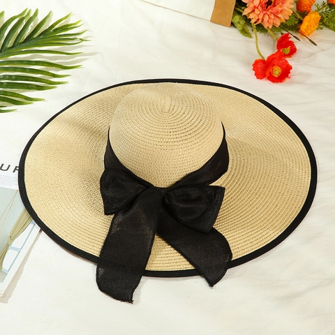 Women Wide Brim Straw Hat Elegant Bowknot Summer Sun Beach Hat Foldable Paper Straw Vacation Fedora Cap UV Protection