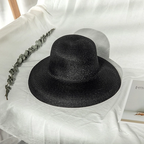 Damen Elegant Audrey Hepburn Stil Strohhut Breite Krempe Sonnenschutz Faltbar Sommer Strand Reise Gewebt Boater Hut Verstellbar