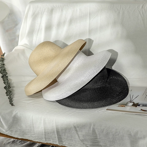 Summer Women Wide Brim Foldable Breathable Sun Protection Paper Straw Hat For Beach Travel Vacation Elegant Solid Color Sunhat