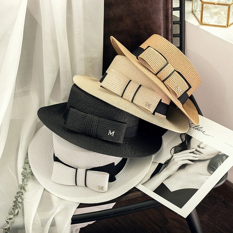 Elegant Women Straw Boater Hat Wide Brim Sun Hat With Ribbon Bow Metal Letter Decoration For Beach Travel Summer Fashion Headwear