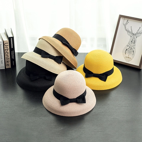 Women Elegant Paper Straw Sun Hat With Bowtie Ribbon Decor Foldable Wide Brim Beach Travel Summer Hat For Ladies Sun Protection