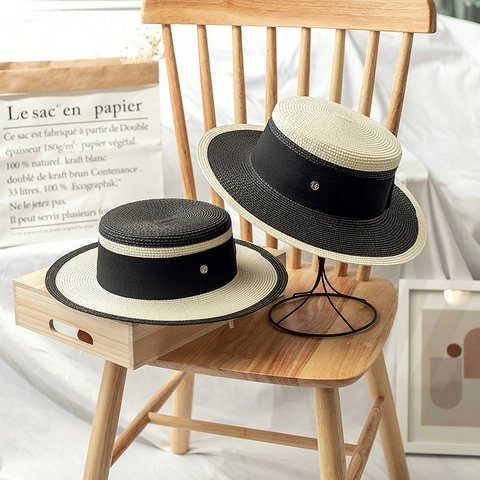 Französischer Vintage Boater Hut Für Damen Herren Faltbar Papierstroh Sonnenhut Mit Ripsband Metall-Logo Breite Krempe Strandurlaub Sommerhut