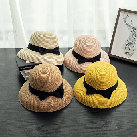 Women Elegant Paper Straw Sun Hat With Bowtie Ribbon Decor Foldable Wide Brim Beach Travel Summer Hat For Ladies Sun Protection