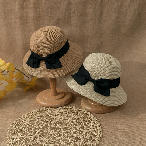 Chapeau de Soleil en Paille d'Été pour Enfants Avec Grand Noeud Chapeau de Plage Pliable pour Filles Bébé Protection Solaire