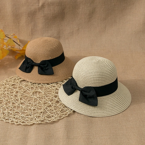 Chapeau de Soleil en Paille d'Été pour Enfants Avec Grand Noeud Chapeau de Plage Pliable pour Filles Bébé Protection Solaire