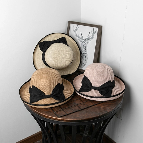 Damen Französischer Eleganter Strohhut Mit Großer Schleife Breite Krempe Atmungsaktiver Gewebter Anglerhut Für Sommer Strand Urlaub