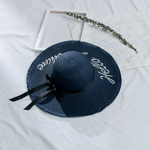 Women Wide Brim Paper Straw Sun Hat With Ribbon Bow Hello Sunshine Embroidery Frayed Edge Foldable Summer Beach Vacation Hat