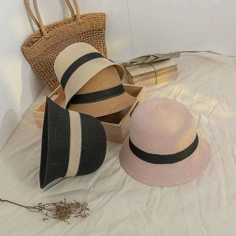 Dames Japanse Stijl Papierstro Vissershoed Zonbescherming Ademend Contrastlint Geweven Strand Zonnehoed Voor Dames