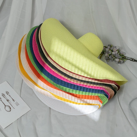 Women Summer Super Large Brim Foldable Paper Straw Sun Hat Elegant Beach Vacation UV Protection Sunscreen Weave Hat