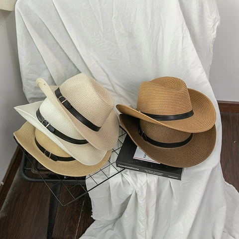 Vintage Western Cowboy Straw Hat For Women Men Wide Brim Sun Protection UV Summer Beach Hat With Adjustable Chin Strap