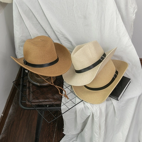 Vintage Western Cowboy Straw Hat For Women Men Wide Brim Sun Protection UV Summer Beach Hat With Adjustable Chin Strap