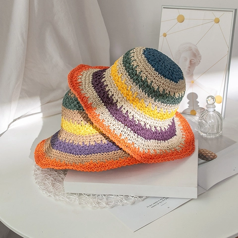 Cappello di Paglia di Carta a Righe Arcobaleno Tessuto a Mano da Donna Pieghevole a Tesa Larga per Protezione Solare Spiaggia