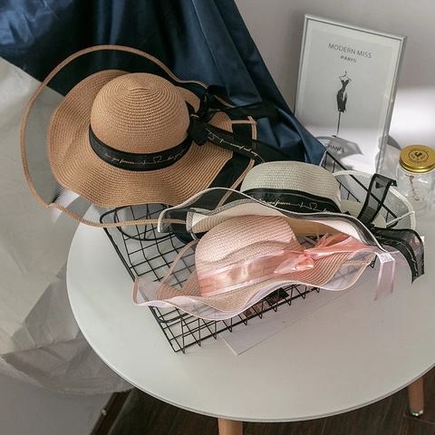 Chapeau de Paille à Large Bord pour Femme Avec Nœud Bord en Maille Pliable Protection Solaire Vacances d'Été Respirant
