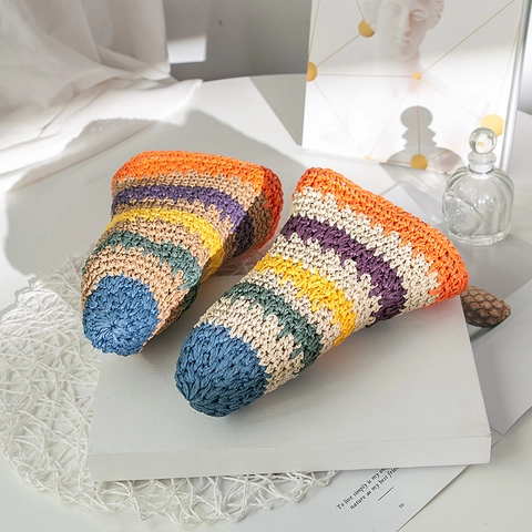 Cappello di Paglia di Carta a Righe Arcobaleno Tessuto a Mano da Donna Pieghevole a Tesa Larga per Protezione Solare Spiaggia
