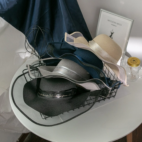 Chapeau de Paille à Large Bord pour Femme Avec Nœud Bord en Maille Pliable Protection Solaire Vacances d'Été Respirant