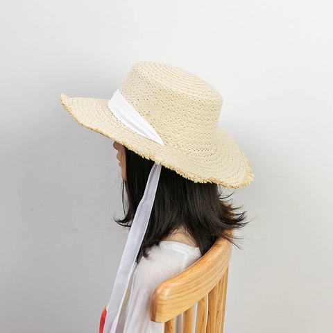 Sombrero de Paja Boater para Mujer Con Parte Superior Plana y Borde Deshilachado Lazo Blanco Ala Ancha Sombrero de Sol