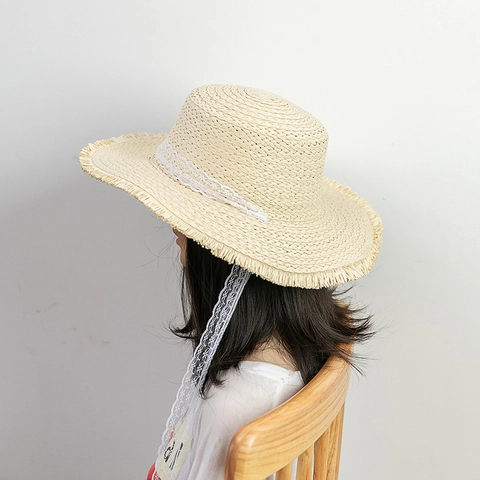 Sombrero de Paja de Copa Plana Vintage Francés para Mujer Con Cinta de Encaje Blanco Borde Deshilachado Sombrero de Playa Protector Solar