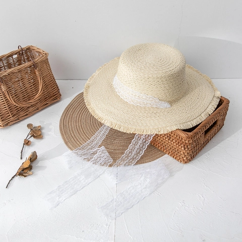 Sombrero de Paja de Copa Plana Vintage Francés para Mujer Con Cinta de Encaje Blanco Borde Deshilachado Sombrero de Playa Protector Solar
