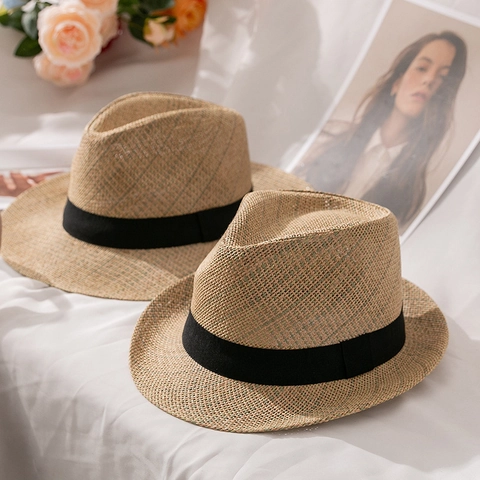 Vintage Unisex Papierstroh Fedora Hut Sommer Atmungsaktiv Sonnenschutz Strand Jazz Hut Mit Schwarz Dekoband Verzierung