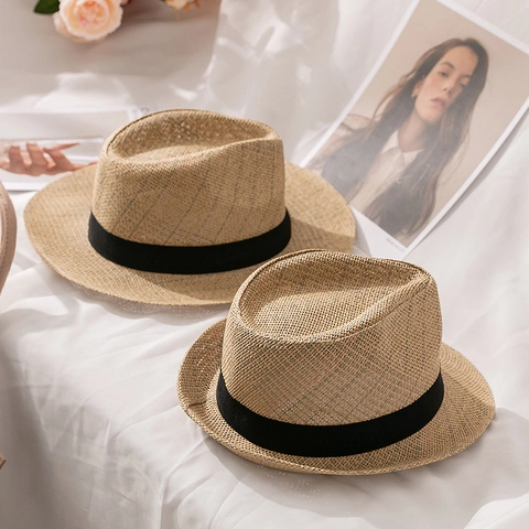 Vintage Unisex Papierstroh Fedora Hut Sommer Atmungsaktiv Sonnenschutz Strand Jazz Hut Mit Schwarz Dekoband Verzierung