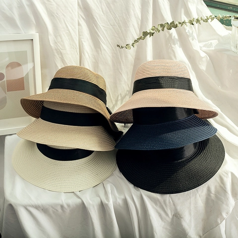 Women Girls Paper Straw Sun Hat Wide Brim Foldable Beach Bucket Hat With Elegant Bowknot Ribbon Summer UV Protection
