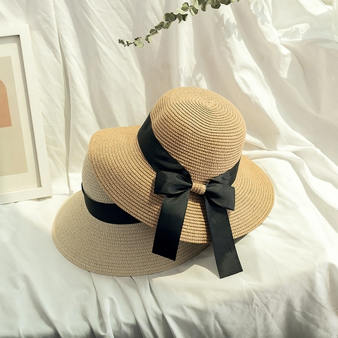 Women Girls Paper Straw Sun Hat Wide Brim Foldable Beach Bucket Hat With Elegant Bowknot Ribbon Summer UV Protection