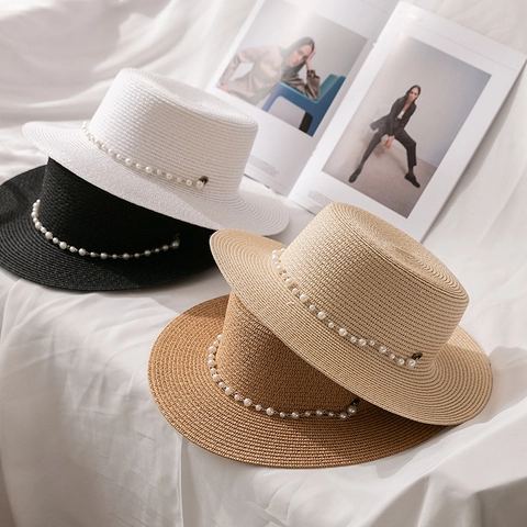 Sombrero de Paja de Parte Superior Plana para Mujer Con Cadena de Perlas Artificiales Sombrero Boater de Papel Verano