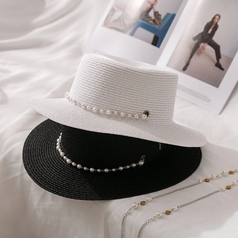 Sombrero de Paja de Parte Superior Plana para Mujer Con Cadena de Perlas Artificiales Sombrero Boater de Papel Verano