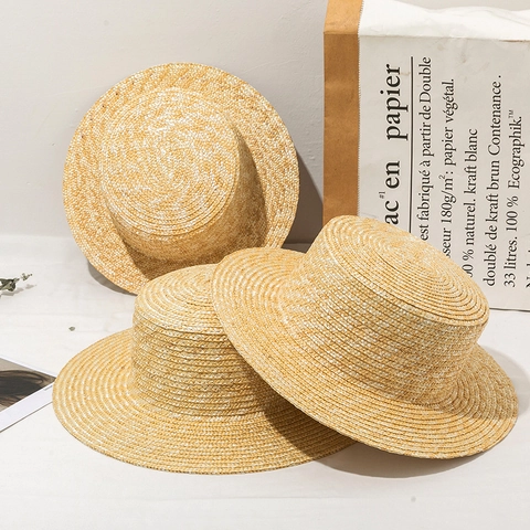 Vintage Natur Weizenstroh Boater Hut Für Damen Herren Flache Krone Sonnenschutz Atmungsaktiv Sommer Strand Reisen Strohhut