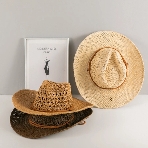 Western Cowboy Strohhut Hohlweben Papierstroh Breite Krempe Sommer Sonne Strandhut Für Damen Herren Verstellbares Windseil