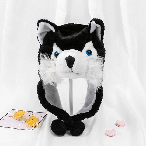 Cute Husky Plush Hat With Earflaps Pom Poms Soft Polyester Animal Cartoon Winter Warm Hat For Party Performance Kids Adults