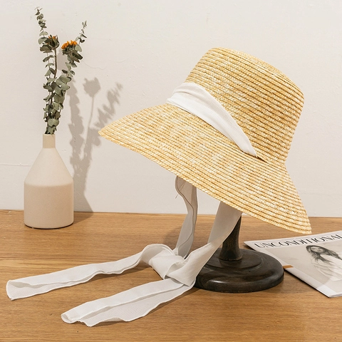 Französischer Vintage Weizenstroh Sonnenhut Für Damen Flache Krone Breite Krempe Strohhut Mit Schleifenband Sommer Strand Urlaub Webstrohhut