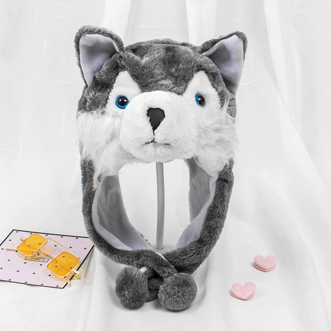 Cute Husky Plush Hat With Earflaps Pom Poms Soft Polyester Animal Cartoon Winter Warm Hat For Party Performance Kids Adults