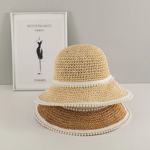 Cappello di Paglia con Perle Elegante da Donna Protezione Solare Intrecciato a Mano Cachi Beige Traspirante Estate Spiaggia Vacanza