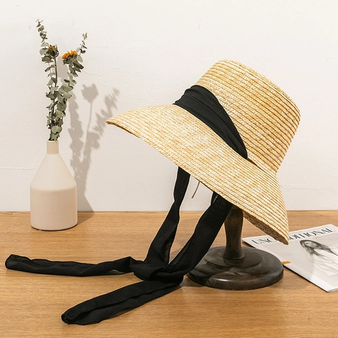 Französischer Vintage Weizenstroh Sonnenhut Für Damen Flache Krone Breite Krempe Strohhut Mit Schleifenband Sommer Strand Urlaub Webstrohhut