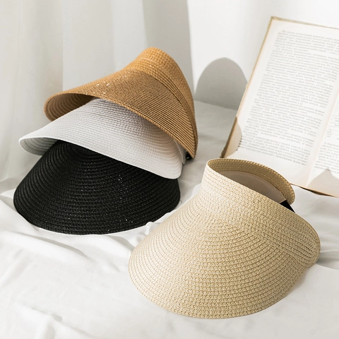 Women Summer Paper Straw Empty Top Hat Sun Protection Wide Brim Visor Casual Beach Woven Straw Sun Hat For Vacation