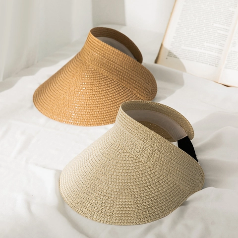 Women Summer Paper Straw Empty Top Hat Sun Protection Wide Brim Visor Casual Beach Woven Straw Sun Hat For Vacation