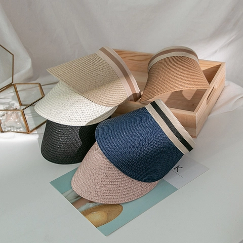 Cappello da Sole in Paglia per Bambini Visiera Parasole a Cilindro Vuoto a Tesa Larga Con Fascia Elastica a Righe Regolabile per Ragazze Ragazzi Spiaggia