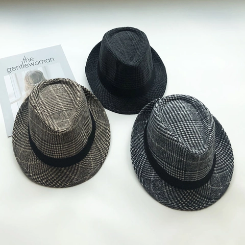 Chapeau Fedora à Carreaux Style Britannique Vintage Hommes Femmes Automne Hiver Chaud Jazz Cap Avec Ruban Décoratif