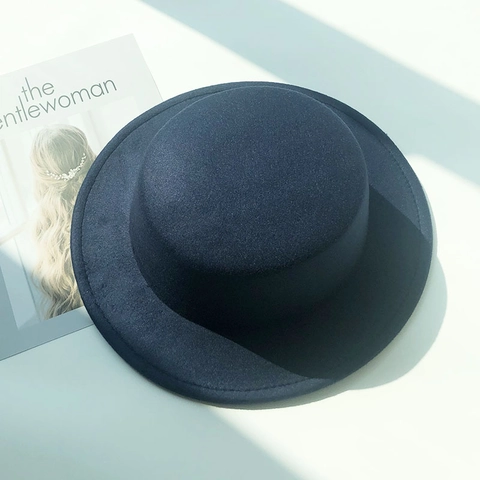 Vintage British Style Women Flat Top Felt Boater Hat Solid Color Wide Brim Jazz Hat Winter Warm Fashion Fedora Hat
