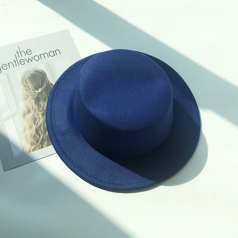 Vintage British Style Women Flat Top Felt Boater Hat Solid Color Wide Brim Jazz Hat Winter Warm Fashion Fedora Hat