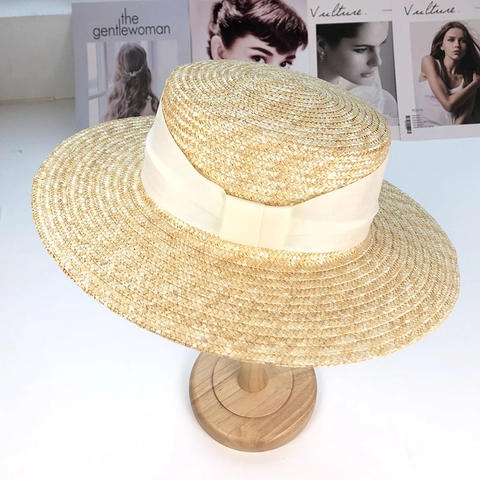 Französischer Vintage Strohhut Damen Flacher Kopf Breites Band Schleife Grosse Krempe Sonnenschutz Strand Urlaub Sommerhut