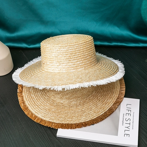 Women's Handwoven Wheat Straw Boater Hat Wide Brim Sun Hat With Fringe Detail Summer Beach Vacation Flat Top Straw Hat