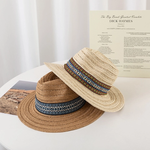 Bohemian Women's Paper Straw Fedora Hat Wide Brim Summer Sun Hat Ethnic Ribbon Trim Breathable Jazz Hat Beach Vacation Accessory