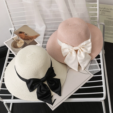 Dames Elegante Strohoed Met Grote Satijnen Strik Frans Vintage Zomer Strand Ademend Brede Rand Opvouwbare Zonnehoed