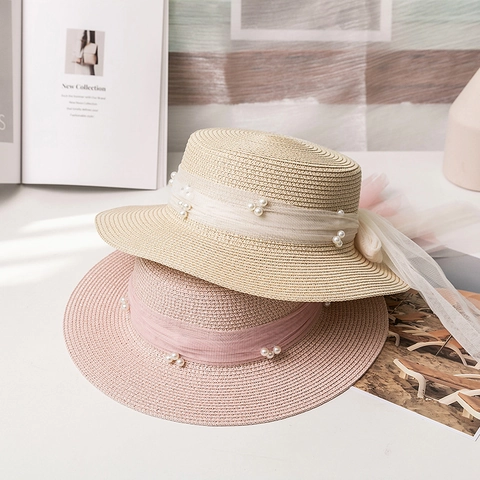 Vrouwen Elegante Platte Stro Hoed Boater Met Gaasstrik Kunstparel Decoratie Zomer Zonnescherm Strand Vakantie Zonnehoed